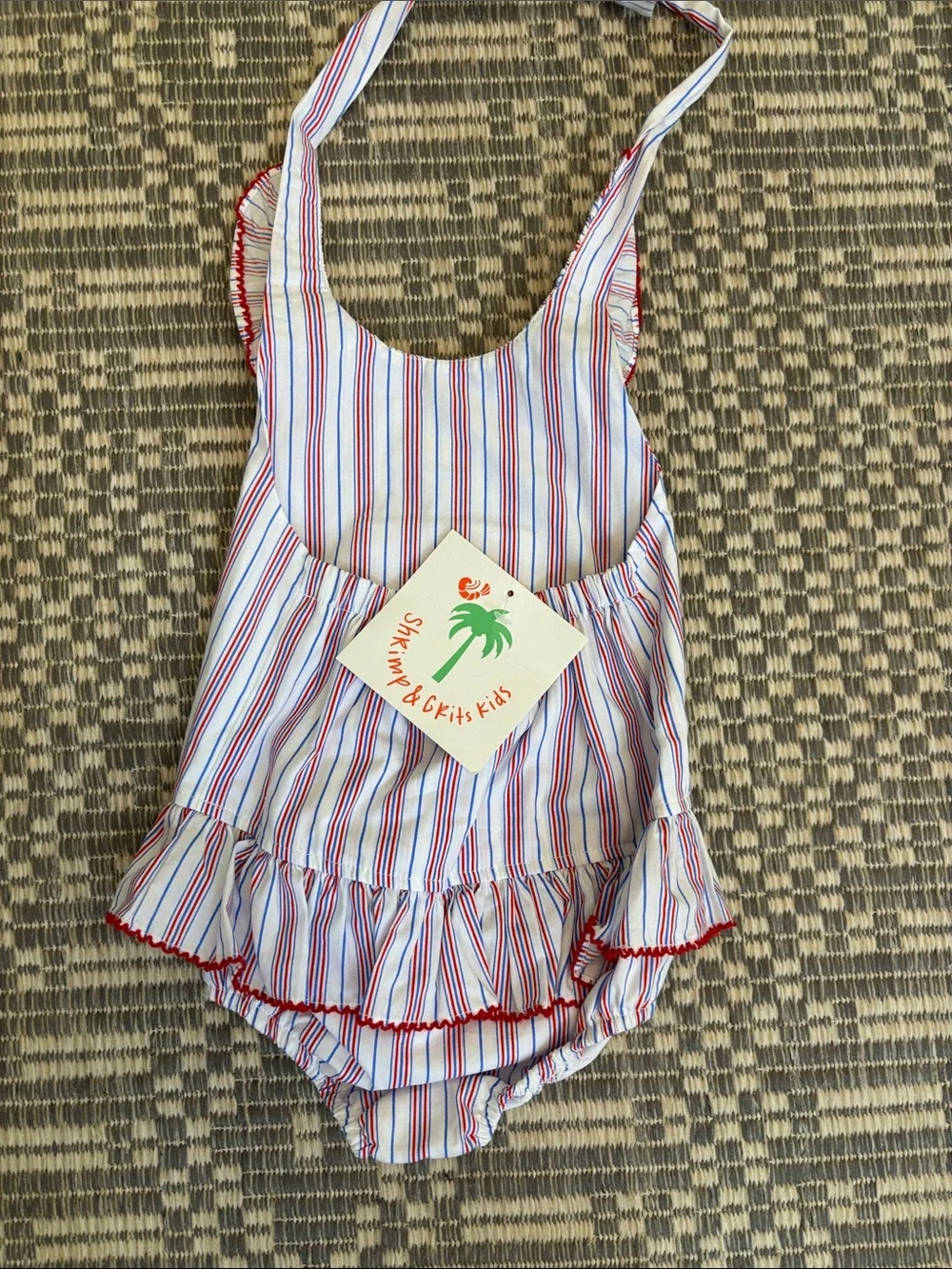 Striped Crab Ruffle Bib Sunsuit in Red & Blue